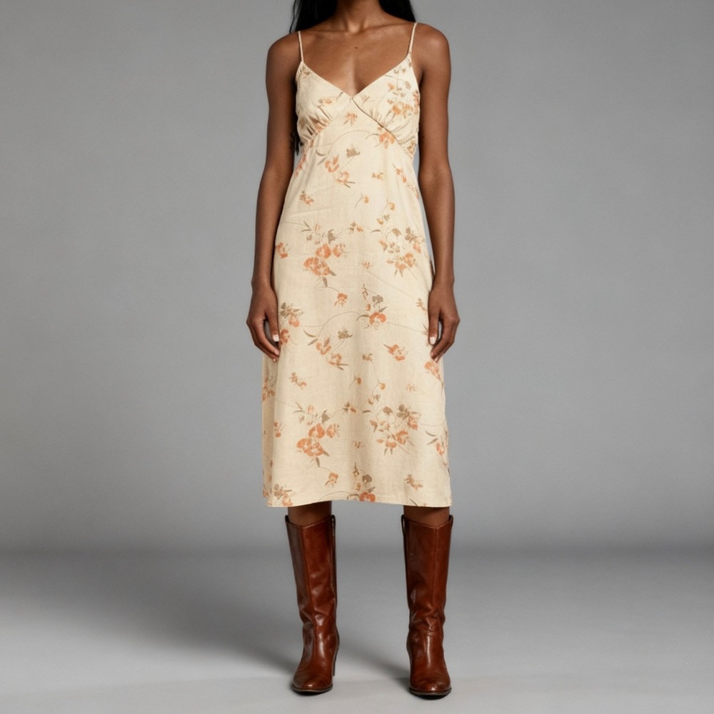 Brixton Lanai‎ Linen Floral Midi Dress Boho Cottagecore Prairie Whitecap Medium